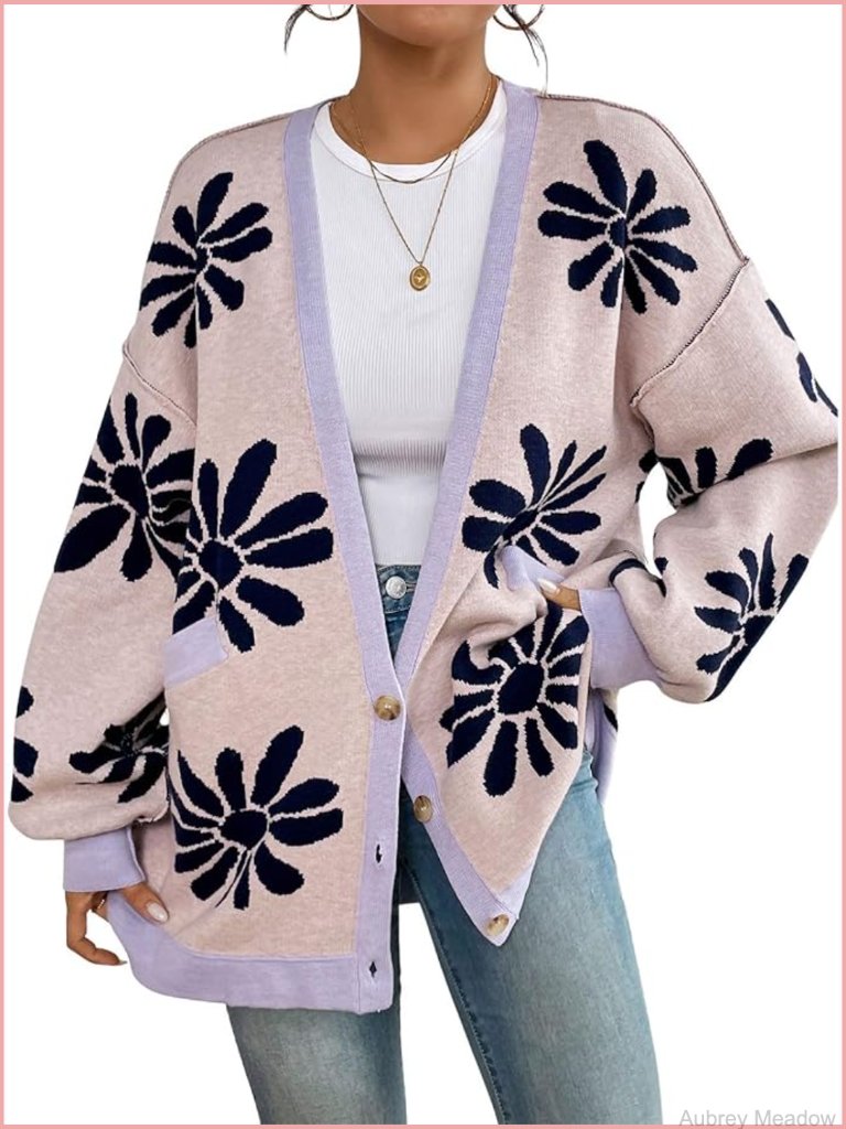 Y2k Daisy Floral Oversized Knitted Cardigan With Pockets